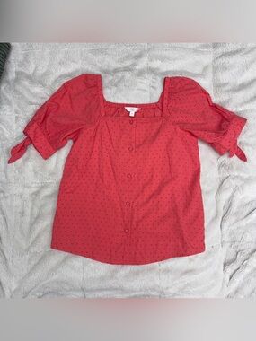 LC Lauren Conrad Coral-Red Square Neck Puff Sleeve Blouse